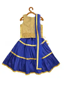 A.T.U.N. A T U N Girls Blue & Gold-Toned Embellished Ready to Wear Lehenga & Blouse With Dupatta