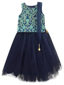 A.T.U.N. Girls Navy Blue & Green Embroidered Ready to Wear Lehenga & Blouse With Dupatta