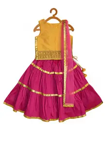 A.T.U.N. A T U N Girls Yellow & Fuchsia Embellished Ready to Wear Lehenga & Blouse With Dupatta