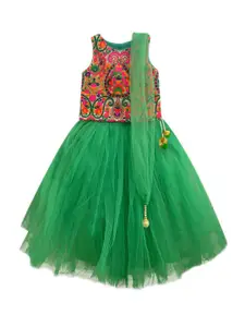 A.T.U.N. A T U N Girls Green & Fuchsia Embroidered Thread Work Ready to Wear Lehenga & Blouse With Dupatta