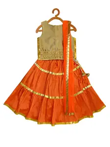 A.T.U.N. Girls Orange & Gold-Coloured Ready to Wear Lehenga & Blouse With Dupatta