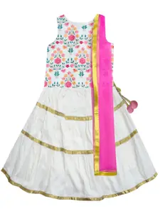 A.T.U.N. Girls Cream-Coloured & Pink Ready to Wear Lehenga & Blouse With Net Dupatta