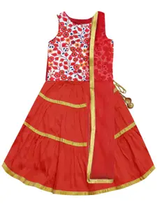 A.T.U.N. Girls Red & White Embroidered Ready to Wear Lehenga & Blouse With Dupatta