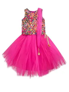 A.T.U.N. Girls Fuchsia & Orange Embroidered Ready to Wear Lehenga Blouse & Net Dupatta