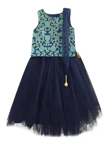 A.T.U.N. A T U N Girls Navy Blue & Green Embroidered Ready to Wear Lehenga & Blouse With Dupatta