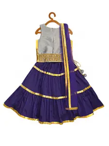 A.T.U.N. A T U N Girls Purple & Grey Ready to Wear Lehenga & Blouse With Dupatta