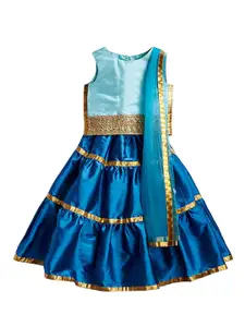 A.T.U.N. Girls Turquoise Blue Embellished Ready to Wear Lehenga & Blouse With Net Dupatta
