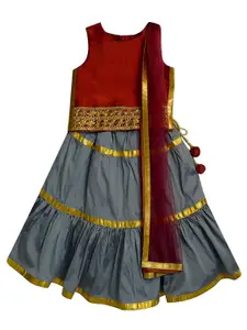 A.T.U.N. Girls Grey & Maroon Embellished Ready to Wear Lehenga & Blouse With Dupatta