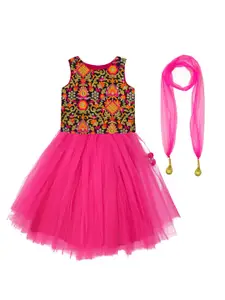 A.T.U.N. A T U N Girls Fuchsia & Mustard Embroidered Thread Work Ready to Wear Lehenga & Blouse With Dupatta