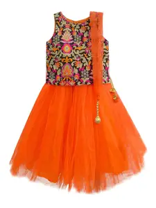 A.T.U.N. Girls Orange & Black Embroidered Ready to Wear Lehenga & Blouse With Net Dupatta
