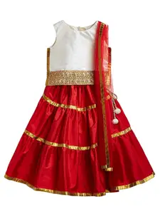 A.T.U.N. A T U N Girls Off White & Red Ready to Wear Lehenga & Blouse With Dupatta