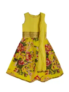 A.T.U.N. Girls Yellow & Green Cotton Ready to Wear Lehenga & Blouse With Dupatta