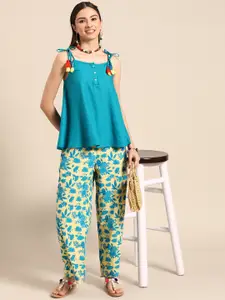 Sangria Women Teal Blue & Sage Green Top with Palazzo