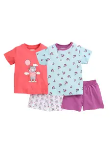 BUMZEE Girls Pack Of 2 Purple & Blue Printed Pure Cotton T-shirt with Shorts