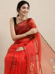 VASTRANAND Red Floral Beads and Stones Organza Saree