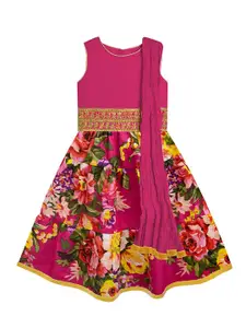 A.T.U.N. A T U N Girls Magenta & Green Ready to Wear Pure Cotton Lehenga & Blouse With Dupatta
