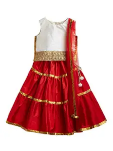 A.T.U.N. A T U N Girls Off White & Red Embellished Ready to Wear Lehenga & Blouse With Dupatta