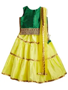 A.T.U.N. Girls Yellow & Green Embellished Ready to Wear Lehenga & Blouse With Dupatta