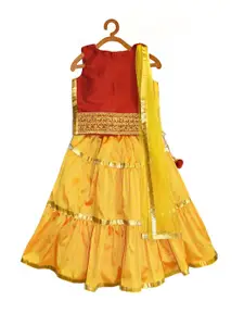 A.T.U.N. A T U N Girls Yellow & Maroon Embellished Ready to Wear Lehenga & Blouse With Dupatta