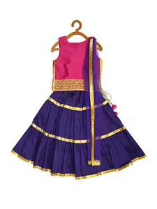 A.T.U.N. Girls Fuchsia & Navy Blue Embellished Ready to Wear Lehenga Set With Net Dupatta