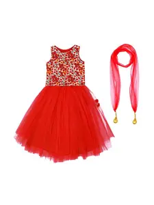 A.T.U.N. Girls Red & Cream-Coloured Ready to Wear Lehenga & Blouse With Dupatta