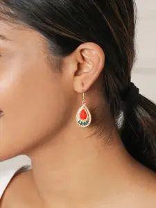 ToniQ Gold-Toned & Red Teardrop Shaped Drop Earrings