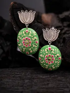 Shoshaa Silver-Plated Green & Pink Floral Drop Earrings