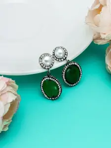 aadita Silver-Toned & Green Contemporary Drop Earrings