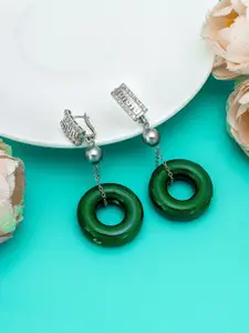 aadita Silver-Toned & Green Spherical Drop Earrings