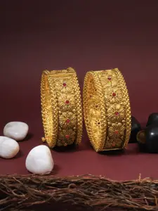 Adwitiya Collection 24 CT Gold-Plated Set Of 2 Red Stone-Studded Flower Bangles