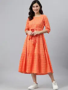 Janasya Women's Orange Pure Cotton Woven Design Tiered Western Dress