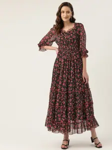 Antheaa Black & Red Floral Print Chiffon Tiered Maxi Dress