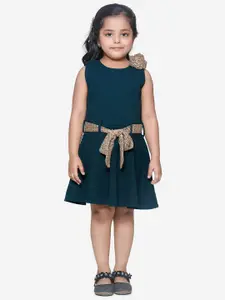LilPicks Girls Teal & Copper-Toned Solid Round Neck Fit & Flare Dress