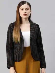 Cottinfab Women Black Striped Open-Front Formal Blazer