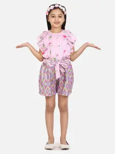 LilPicks Girls Pink Printed Top with Shorts