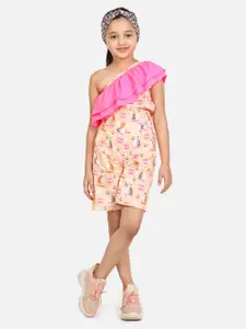 LilPicks Girls Peach-Coloured & Pink One Side Shoulder Short Printed Jumpsuit