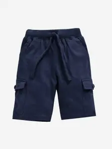 KiddoPanti Boys Navy Blue Solid Knitted Cargo Shorts