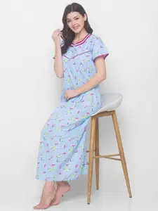 AV2 Blue Printed Maternity Pure Cotton Maxi Nightdress