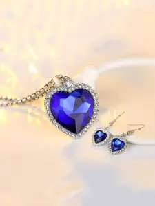 Yellow Chimes Yellow Chimes Blue & Silver Ocean Heart Austrian Crystal Silver Plated Pendant Set