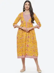 Biba Mustard Yellow & Pink Ethnic Motifs Layered Ethnic A-Line Dress