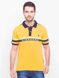 GIORDANO Men Yellow & Blue Typography Printed Polo Collar Cotton Slim Fit T-shirt
