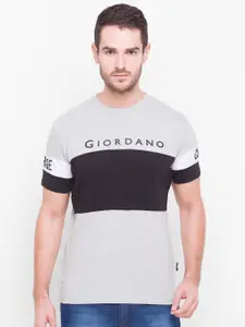 GIORDANO Men Grey Melange & Black Colourblocked Cotton Slim Fit T-shirt