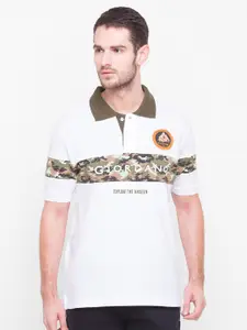 GIORDANO Men White Camouflage Printed Polo Collar Slim Fit T-shirt