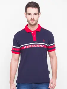 GIORDANO Men Navy Blue & Red Typography Cotton Polo Collar Slim Fit T-shirt