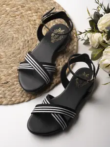 Shoetopia Women Black Printed Open Toe Flats