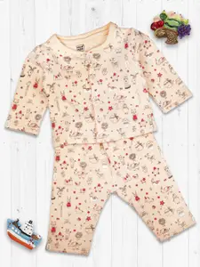 MeeMee Girls Peach-Coloured & Red Printed Pure Cotton Night suit