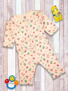 MeeMee Infant Girls Peach Floral Printed Full Sleeves Nightsuit