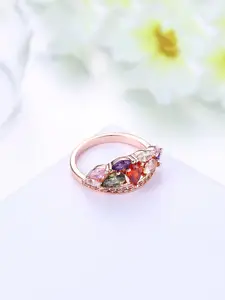 Yellow Chimes 18K Rose Gold-Plated Red & White Crystal-Studded Finger Ring