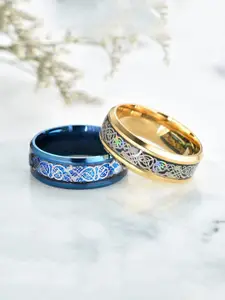 Yellow Chimes Yellow Chimes Men Set Of 2 Blue & Gold-Plated Dragon Celtic Signet Finger Rings