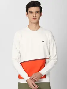 Peter England Casuals Men White & Orange Colourblocked Pullover Sweatshirt